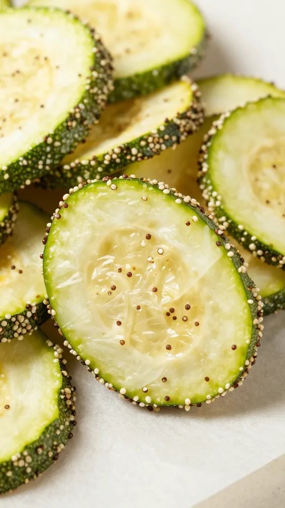 closeup of quinoa-coated zucchini chip on parchment