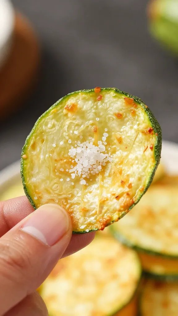 golden zucchini chip held with pinch of sea salt