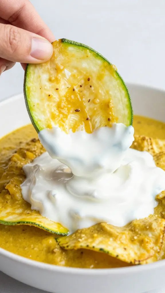 zucchini chip dipped halfway into yogurt curry