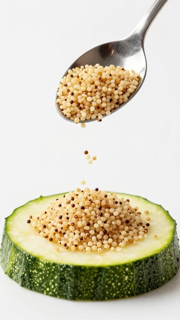spoon sprinkling cooked dried quinoa onto zucchini round