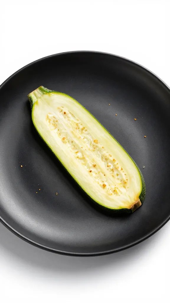 single zucchini chip on matte black plate, crumbs