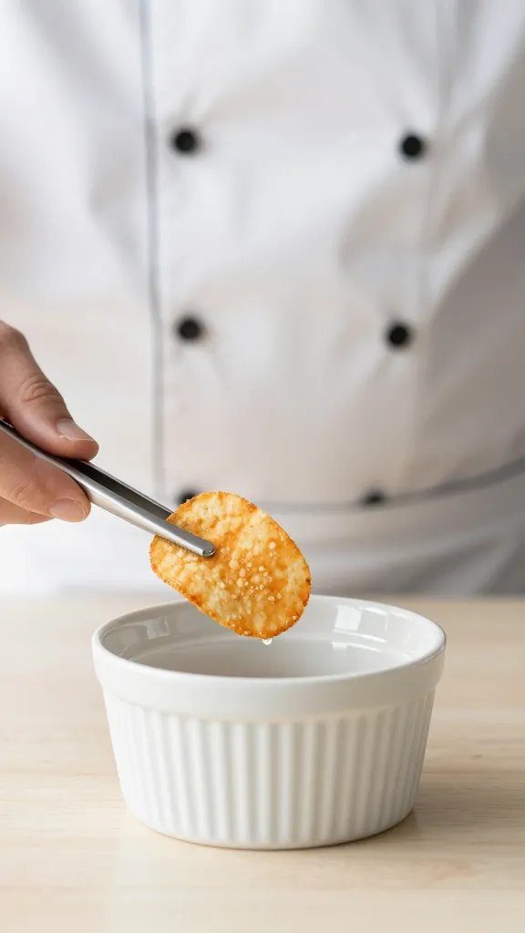 chef tweezers placing chip beside ramekin rim