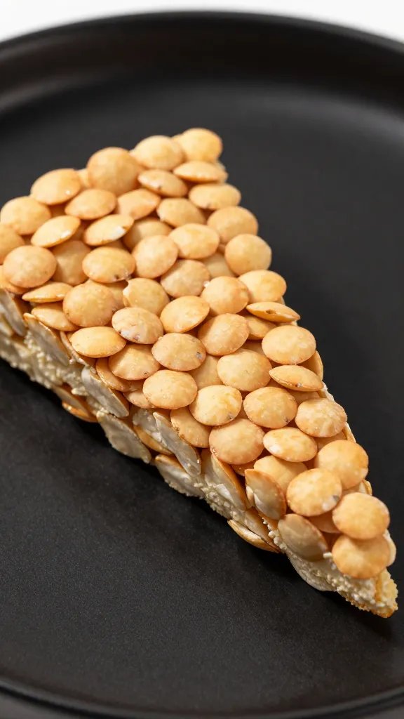 closeup of lentil crunch wedge on matte black plate