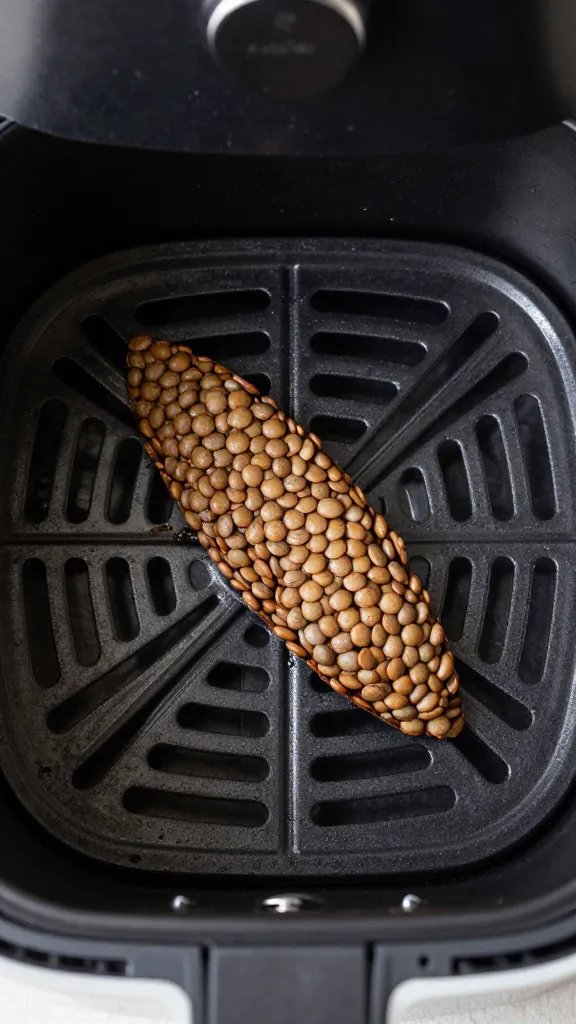 air fryer basket with single lentil wedge, overhead