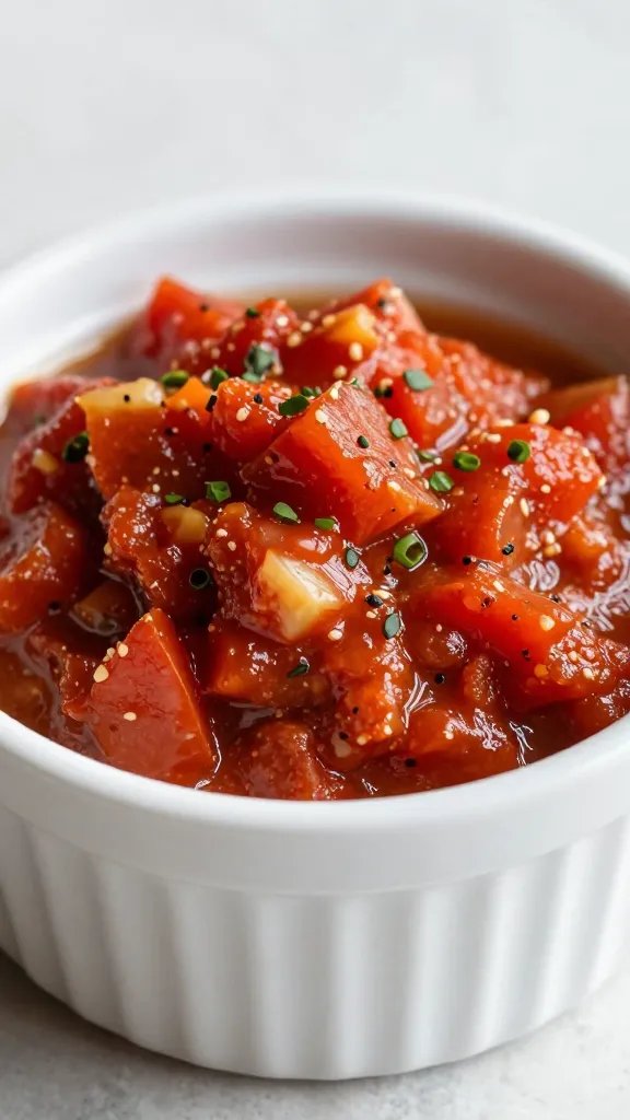 smoky tomato salsa in small ceramic ramekin, closeup