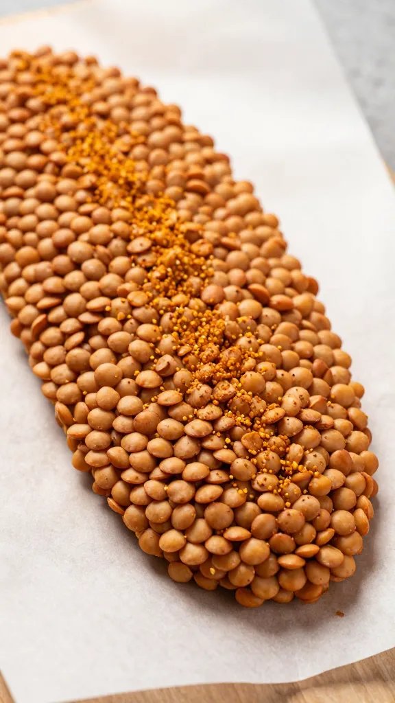 paprika-dusted lentil wedge on parchment, macro