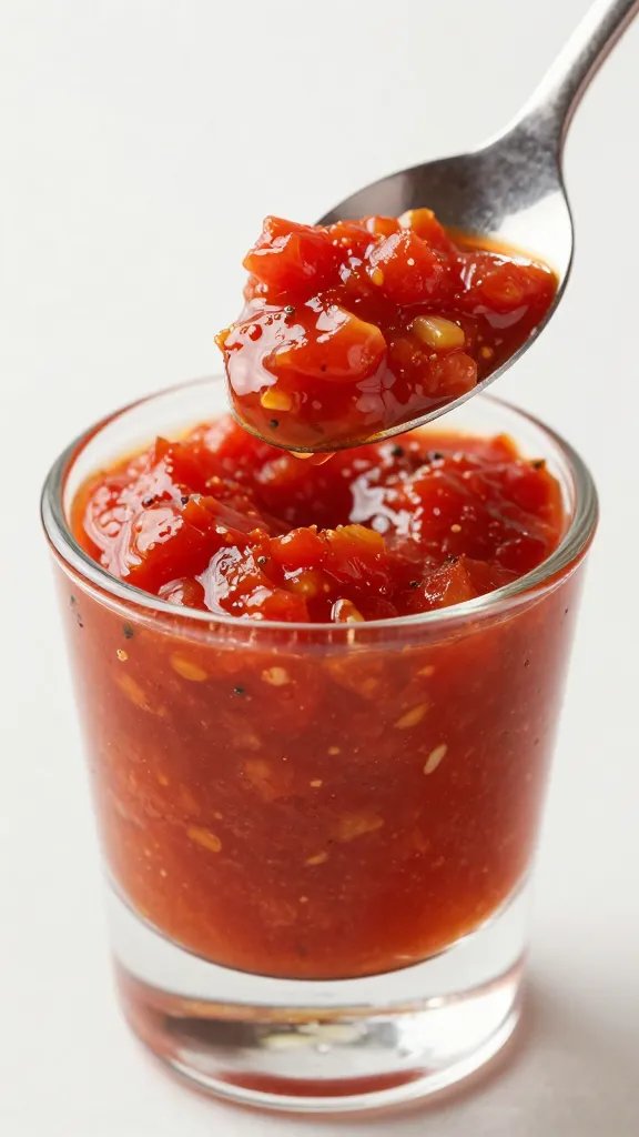 spoonful of smoky tomato salsa, glistening, tight shot