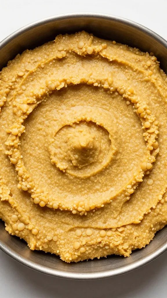 golden lentil batter spread in round pan, top view