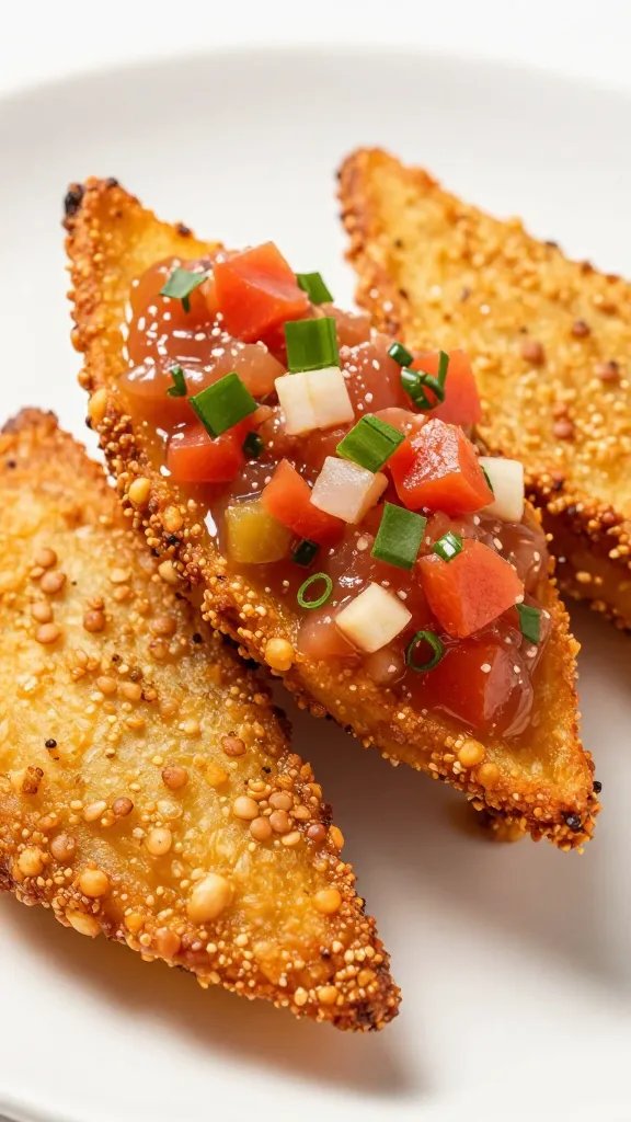crispy lentil wedge dipped halfway in salsa, macro