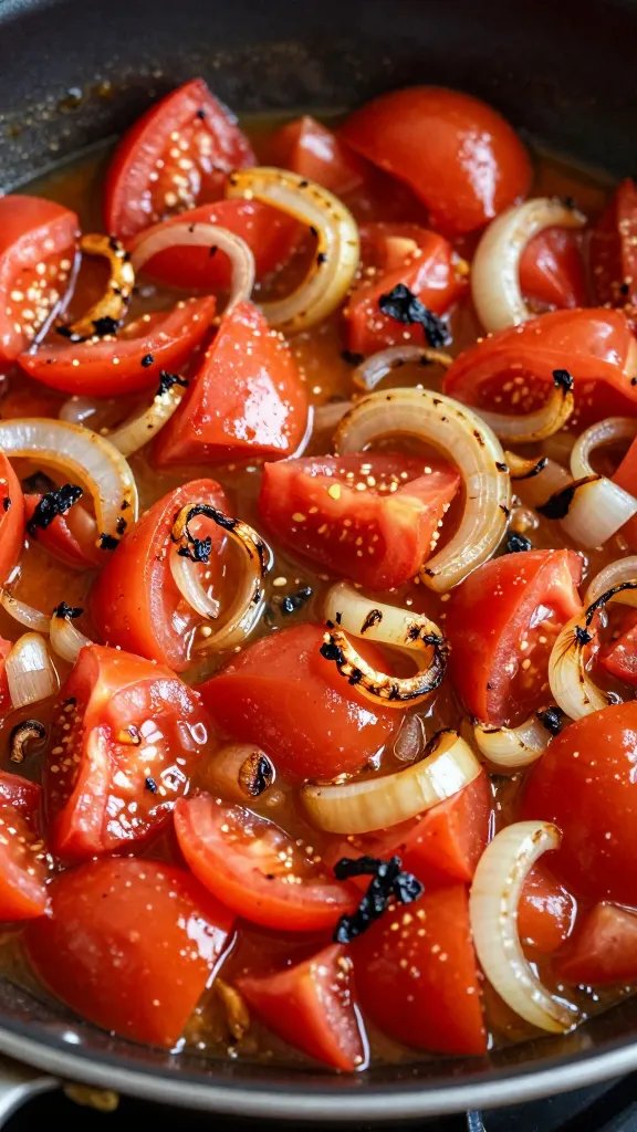 diced tomatoes and charred onions in skillet, closeup