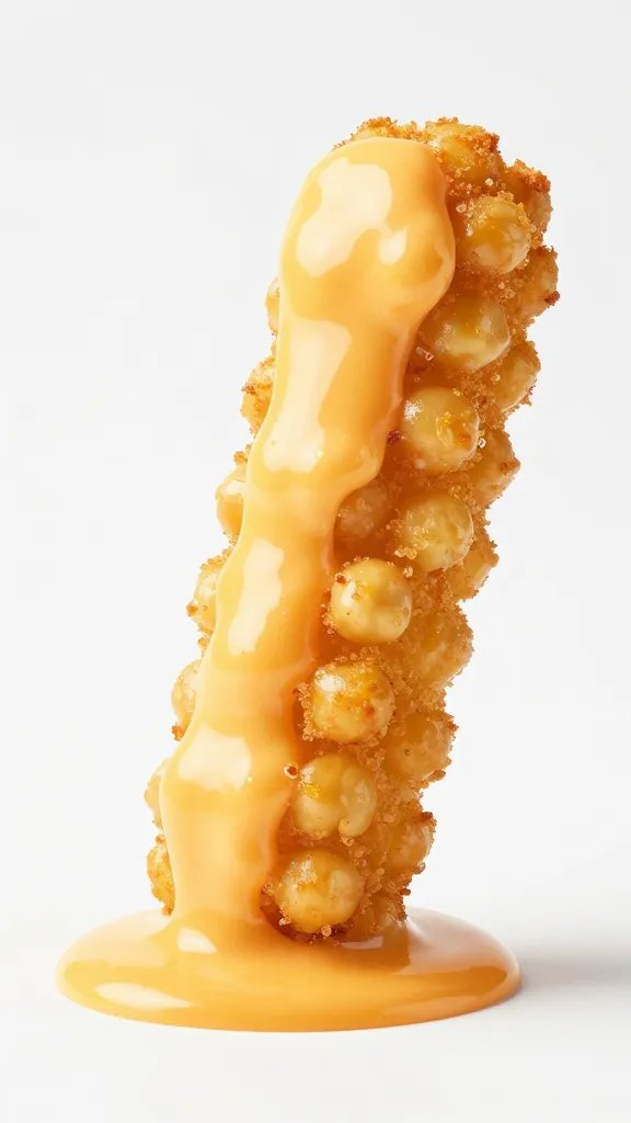 single crispy chickpea fry dipped in cheddar sauce