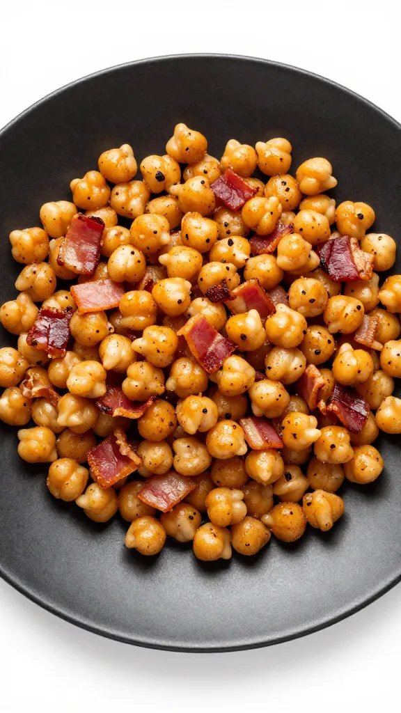bacon-studded chickpea fry on matte black plate