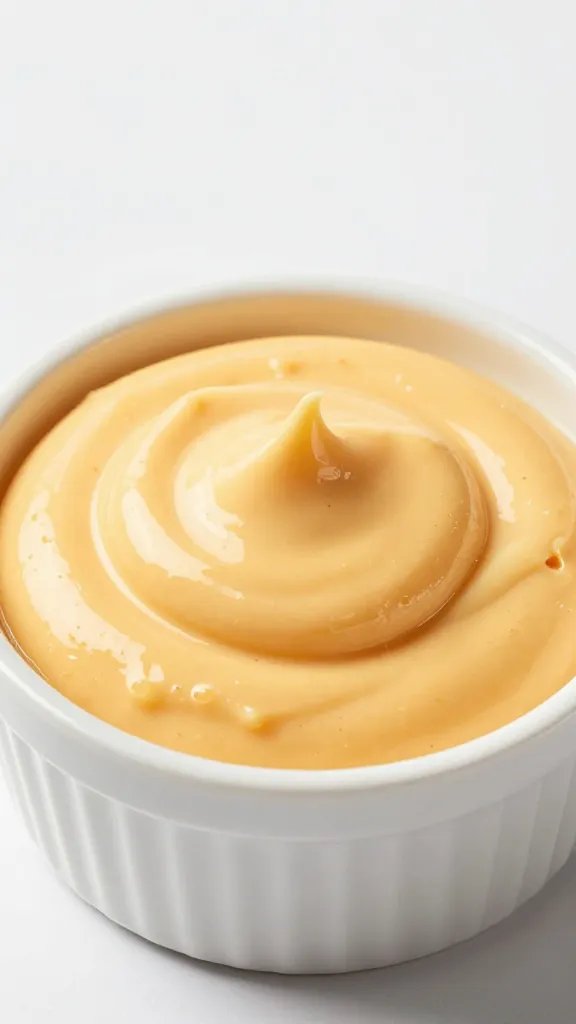 cheddar dip swirl in small ramekin, glossy surface