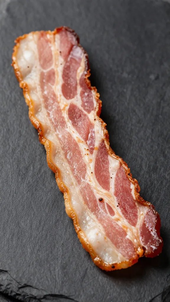 single strip of crispy bacon on slate board