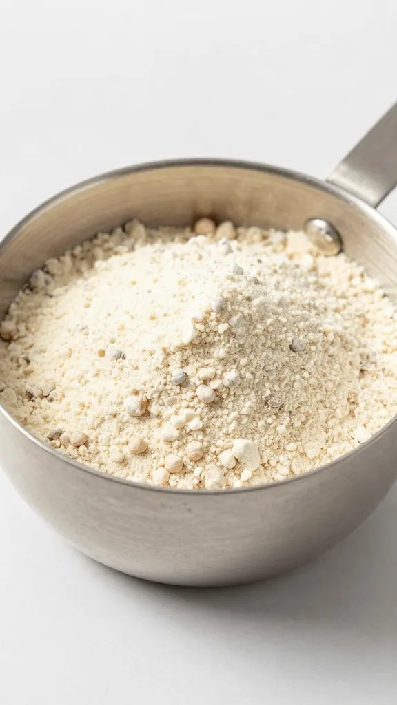 chickpea flour mound in stainless measuring cup