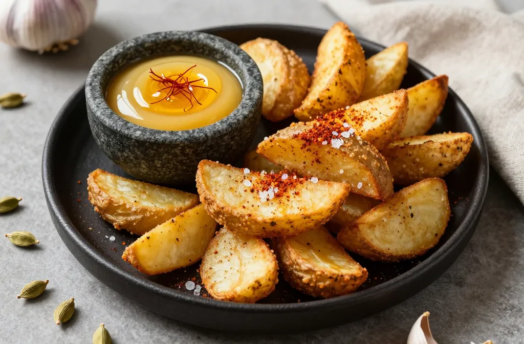 Crispy Air Fryer Cardamom Spiced Wedges with Saffron Honey Dip