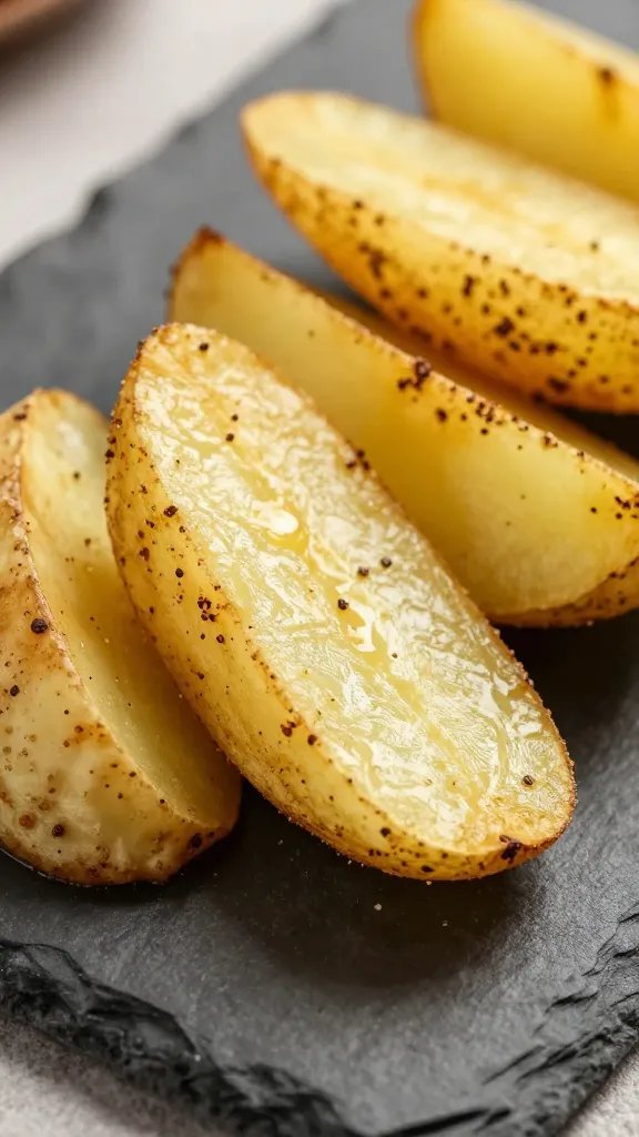 closeup of cardamom-dusted potato wedge on slate plate
