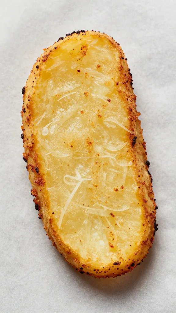 single air-fried potato wedge, shatter-crisp, on parchment