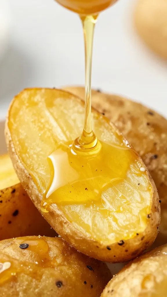 golden potato wedge dripping saffron honey, macro shot
