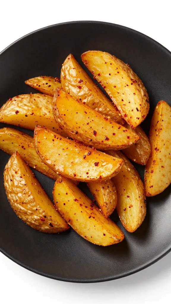 smoked paprika-coated potato wedge on matte black plate