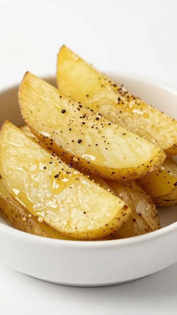 garlic-black pepper potato wedge on white ceramic dish