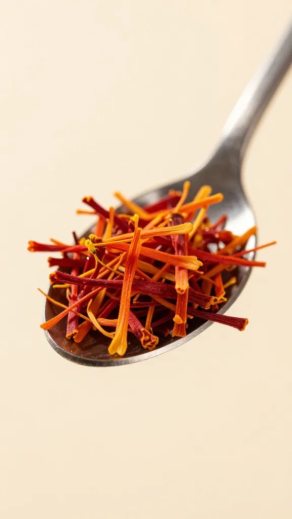 saffron threads on honeyed spoon, tight macro