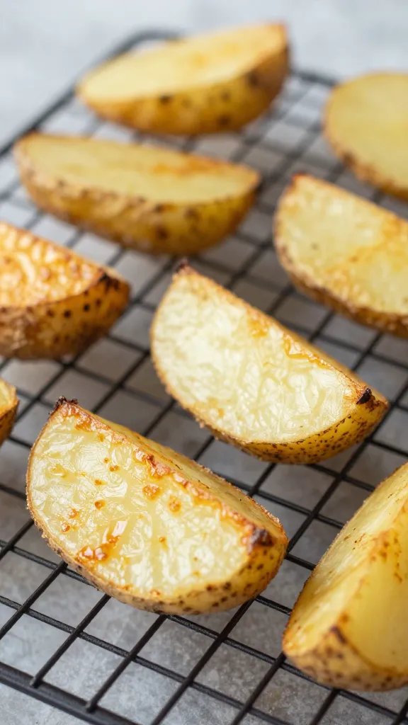 potato wedge on cooling rack, visible crisp blistering