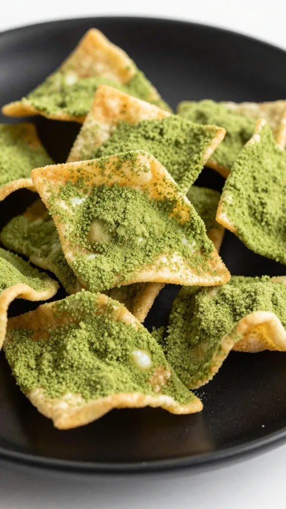 closeup matcha-dusted wonton crisp on matte black plate