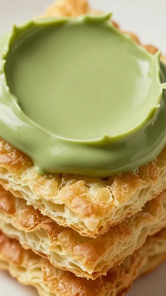 phyllo crisp brushed with matcha butter, extreme closeup
