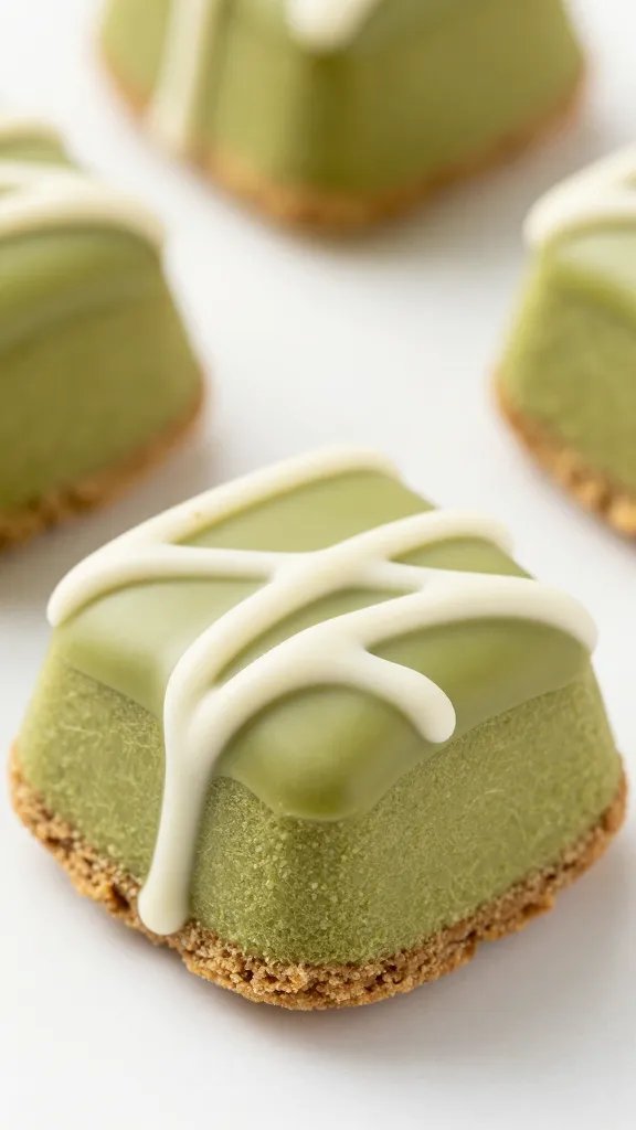 drizzled white chocolate over one matcha crisp, macro shot