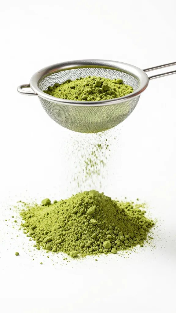 matcha powder sifting onto lone crisp, shallow depth