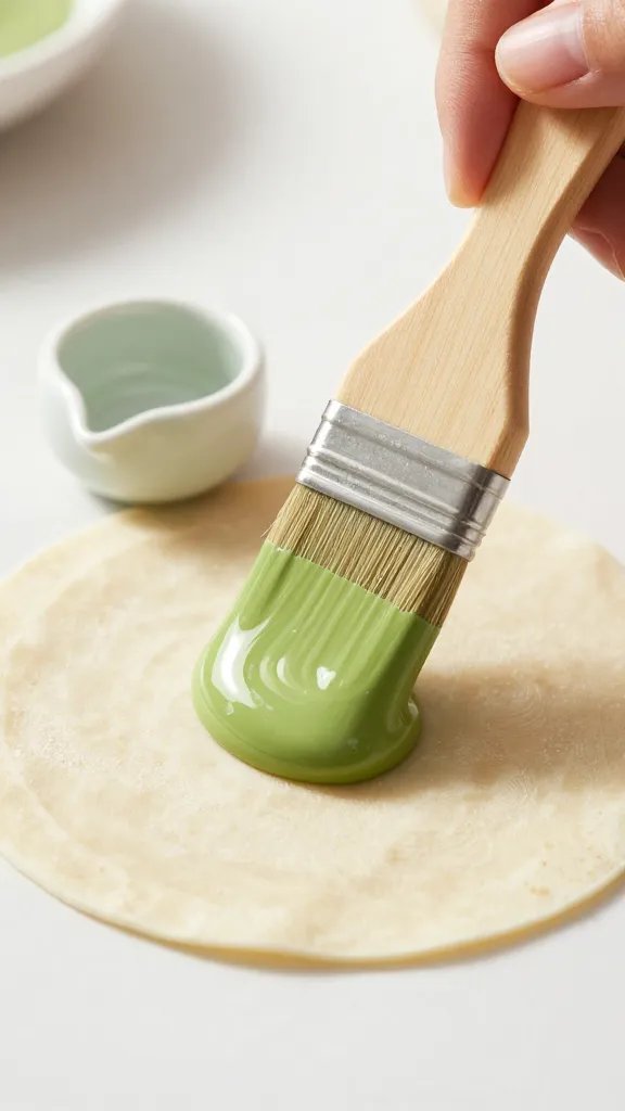 brush glazing one wonton wrapper with matcha mixture