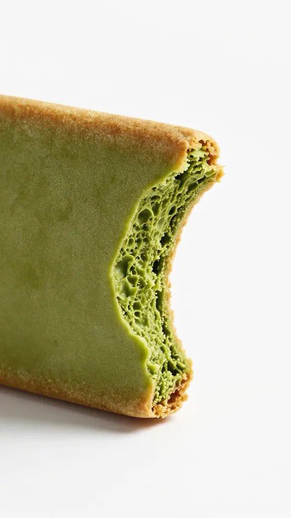 broken edge of matcha crisp showing airy texture