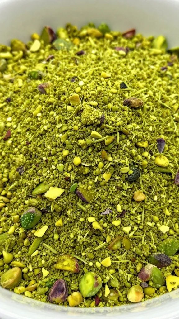 closeup bowl of pistachio dust, vibrant green texture