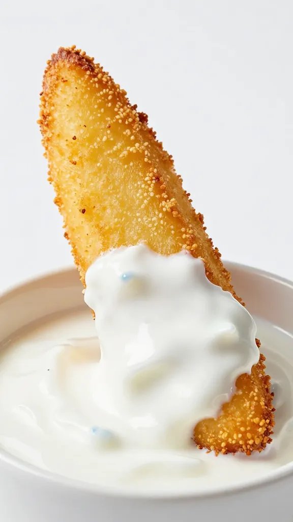 single golden fry dipped in rosewater yogurt