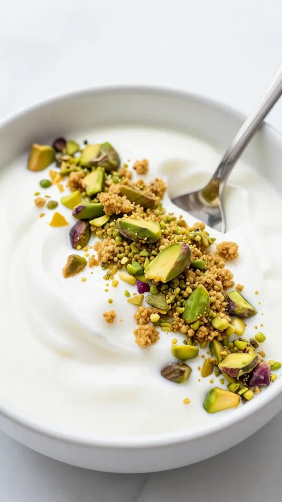 spoonful of rosewater yogurt, pistachio crumble topping