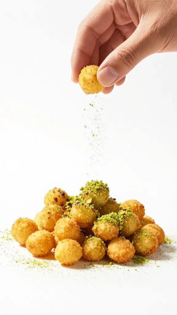 hand sprinkling pistachio dust over lone fry