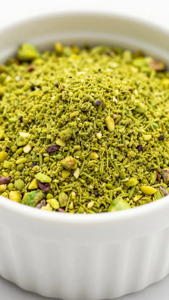 small ramekin of pistachio dust, macro detail