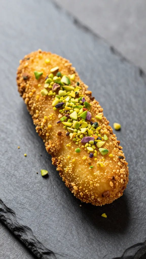 single crispy fry on slate, pistachio crumbs