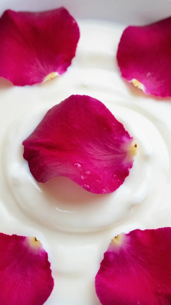 rose petal on yogurt dollop, macro shot