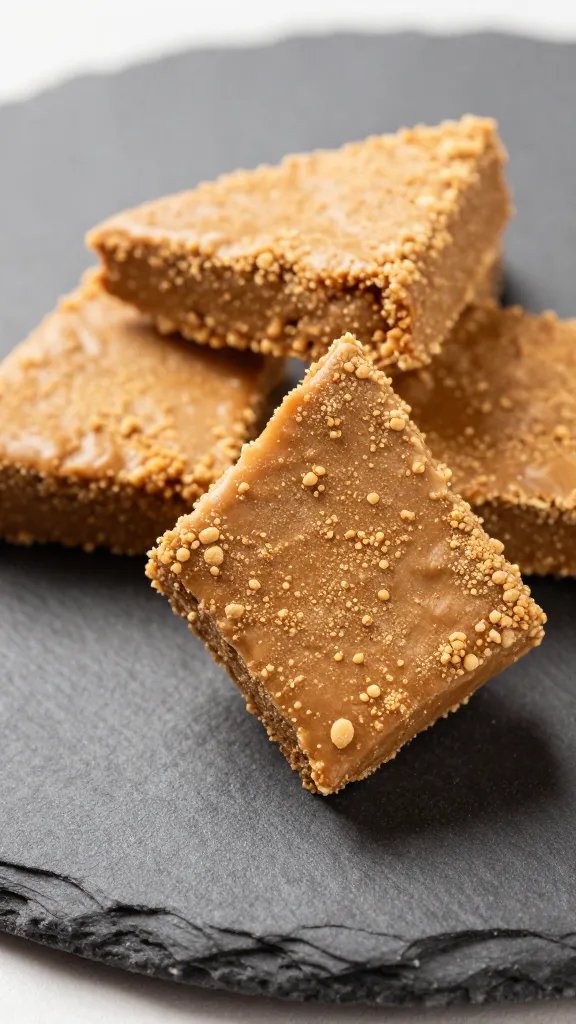 closeup of peanut butter powder crisp on matte slate plate