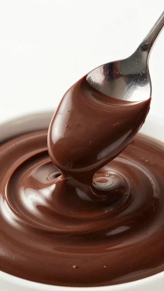 spoon dipping into glossy dark chocolate dip