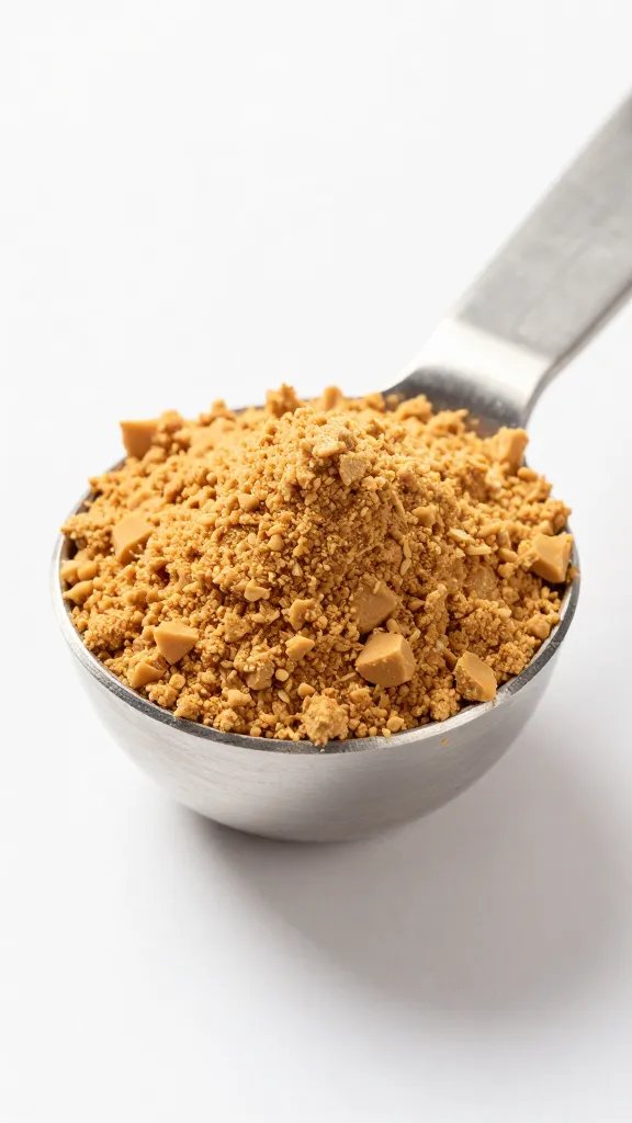 peanut butter powder mound in stainless measuring spoon