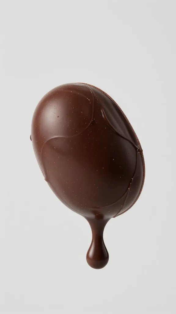 single crisp half-dipped in dark chocolate, drip frozen midair