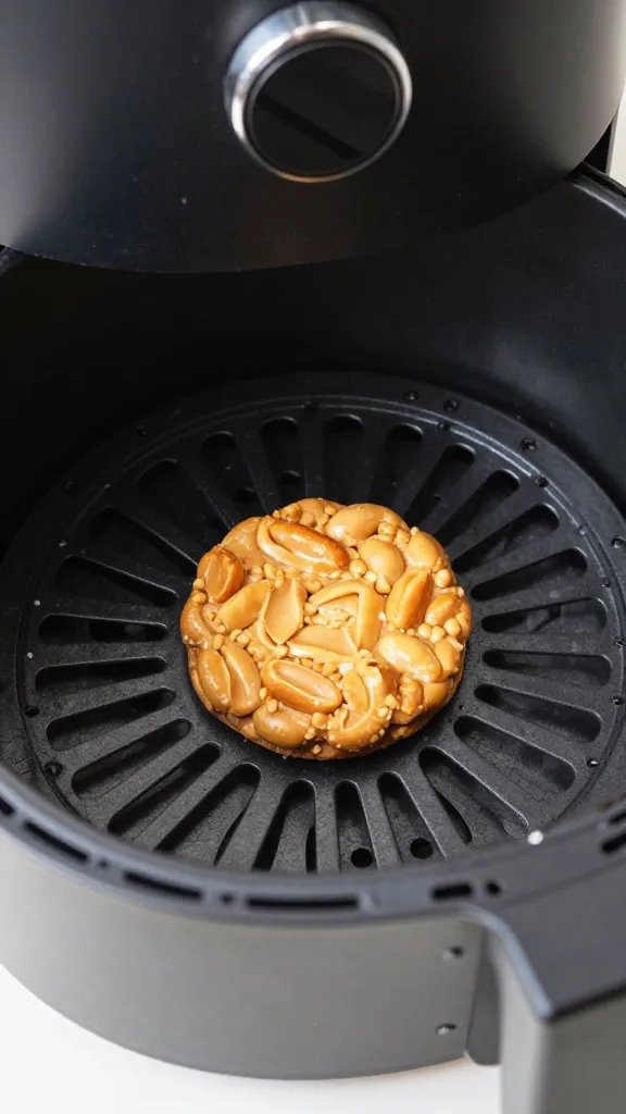 air fryer basket with one golden peanut butter crisp