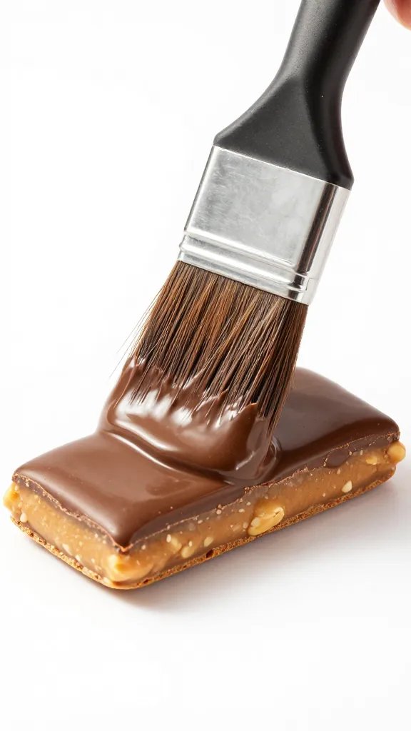 brush glazing chocolate onto one peanut butter crisp