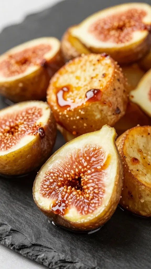 closeup of balsamic-fig glazed potato crisp on slate