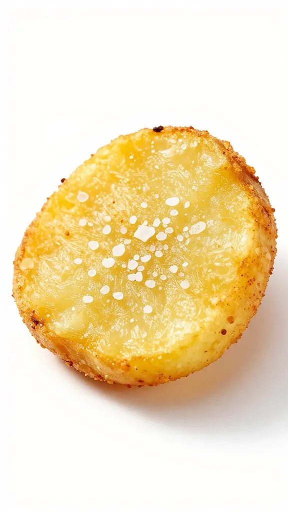 single air-fried potato coin with sea salt crystals
