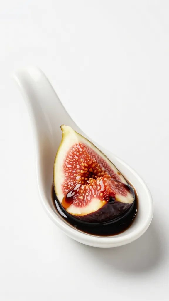 glossy balsamic-fig drizzle on white ceramic spoon