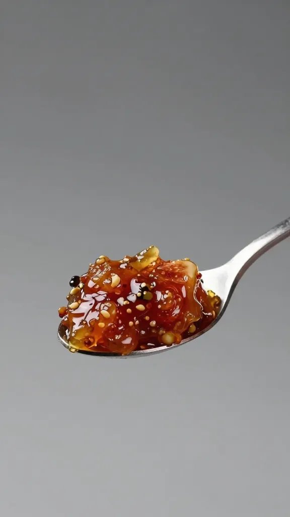 fig jam smear on small tasting spoon, studio light